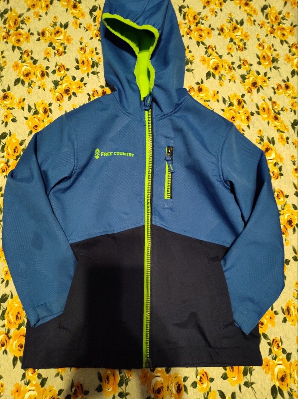 Free Country Blue and Black Kids Hooded Jacket with Neon Lime Accents